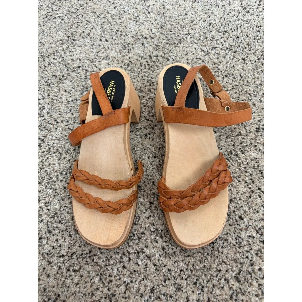 Swedish Hasbeens Sandal 38 US 8 Braided Sky High Clog Wood Heel Tan Leather FLAW